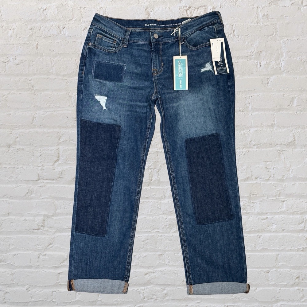 Old Navy‎ Boyfriend Straight Crop Jeans Size 10 PETITE Patchwork Distressed NWT